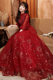 Wine Red Tulle Puffy Sleeves Long Party Dress, Wine Red Long Prom Dress HZ0527