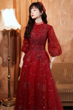 Wine Red Tulle Puffy Sleeves Long Party Dress, Wine Red Long Prom Dress HZ0527