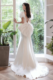 Simple Puff Sleeves Satin Mermaid White Long Prom Dress, White Long Formal Dress HZ0527