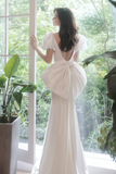 Simple Puff Sleeves Satin Mermaid White Long Prom Dress, White Long Formal Dress HZ0527
