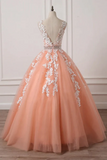 Charming Coral Princess V-Neck Lace Applique Beaded Prom Dress Ball Gown Sweet 16 Dresses HZ0527