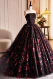 Black and Red Floral Tulle Long Party Dress, Strapless Formal Sweet 16 Dress HZ0527