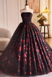Black and Red Floral Tulle Long Party Dress, Strapless Formal Sweet 16 Dress HZ0527