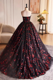Black and Red Floral Tulle Long Party Dress, Strapless Formal Sweet 16 Dress HZ0527