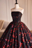 Black and Red Floral Tulle Long Party Dress, Strapless Formal Sweet 16 Dress HZ0527