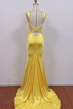 Chic Yellow Satin Mermaid Long Prom Dress, Yellow Low Back Party Dress HZ0527