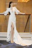 Beautiful White Puffy Sleeves Long Party Dress with Leg Slit, White Wedding Party Dress HZ0527