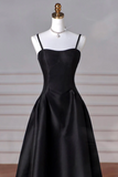 A Line Sweetheart Neck Satin Black Long Prom Dress, Black Long Evening Dress HZ0527