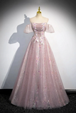 Pink Tulle Lace Long Prom Dress with Beaded, A Line Off the Shoulder Evening Party Dress HZ0527