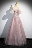 Pink Tulle Lace Long Prom Dress with Beaded, A Line Off the Shoulder Evening Party Dress HZ0527