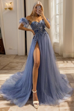 A Line Sweetheart Appliques Lace Sweep Train Tulle Dress HZ0527