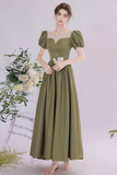 A Line Green Satin Tea Length Prom Dress, Green Long Formal Dress HZ0527