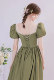 A Line Green Satin Tea Length Prom Dress, Green Long Formal Dress HZ0527