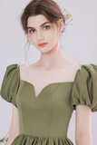 A Line Green Satin Tea Length Prom Dress, Green Long Formal Dress HZ0527