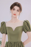 A Line Green Satin Tea Length Prom Dress, Green Long Formal Dress HZ0527