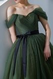 A Line Off Shoulder Tulle Green Long Prom Dress, Green Long Formal Dress HZ0527