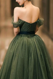 A Line Off Shoulder Tulle Green Long Prom Dress, Green Long Formal Dress HZ0527