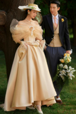 Champagne Satin Corset Long Prom Dress, Off the Shoulder Evening Party Dress HZ0527