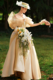 Champagne Satin Corset Long Prom Dress, Off the Shoulder Evening Party Dress HZ0527
