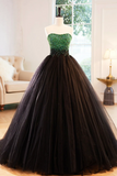 Black Strapless Tulle Long Prom Dress with Green Beaded, A Line Formal Dress HZ0527