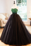 Black Strapless Tulle Long Prom Dress with Green Beaded, A Line Formal Dress HZ0527