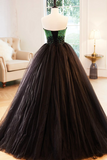 Black Strapless Tulle Long Prom Dress with Green Beaded, A Line Formal Dress HZ0527
