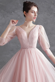 Pink Tulle V Neck Long Prom Dress, A Line 1/2 Sleeves Evening Dress HZ0527