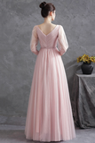 Pink Tulle V Neck Long Prom Dress, A Line 1/2 Sleeves Evening Dress HZ0527