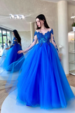 Blue Lace Long Sleeve Evening Dress, A Line Scoop Neckline Evening Dress HZ0527