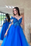 Blue Lace Long Sleeve Evening Dress, A Line Scoop Neckline Evening Dress HZ0527