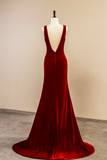 Burgundy V Neck Velvet Long Prom Dress, Simple Mermaid Backless Evening Dress HZ0527