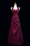 A Line Halter Vintage Style Prom Dress, Burgundy Long Evening Dress HZ0527