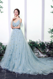 Blue Spaghetti Strap Tulle Long Prom Dress, A Line Blue Evening Dress HZ0527