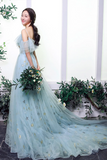 Blue Spaghetti Strap Tulle Long Prom Dress, A Line Blue Evening Dress HZ0527