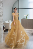 Yellow Tulle Lace Long Prom Dresses, A Line Evening Gowns HZ0527