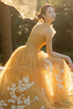 Yellow Tulle Lace Long Prom Dresses, A Line Evening Gowns HZ0527