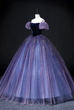 Lovely Velvet Tulle Long Prom Dress, Purple Off the Shoulder Evening Party Gown HZ0527