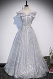 Gray tulle long prom dress, gray tulle formal dress HZ0527
