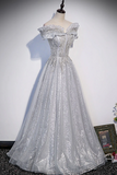 Gray tulle long prom dress, gray tulle formal dress HZ0527