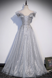 Gray tulle long prom dress, gray tulle formal dress HZ0527