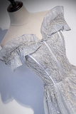 Gray tulle long prom dress, gray tulle formal dress HZ0527