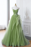 A Line Tulle Lace Green Long Prom Dress, Green lace Long Formal Dress HZ0527