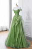 A Line Tulle Lace Green Long Prom Dress, Green lace Long Formal Dress HZ0527