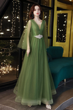 A Line V Neck Tulle Green Long Prom Dress, Green Formal Dress HZ0527