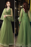 A Line V Neck Tulle Green Long Prom Dress, Green Formal Dress HZ0527