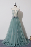 Green Lovely Tulle Straps Long A Line Prom Dresses, Green Evening Dresses HZ0527