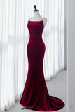 Mermaid Backless Velvet Burgundy Long Prom Dress with Beads HZ0527