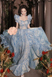 Pretty Light Blue Floral Short Sleeves Long Prom Dress, Light Blue Evening Dress HZ0527