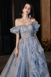 Pretty Light Blue Floral Short Sleeves Long Prom Dress, Light Blue Evening Dress HZ0527