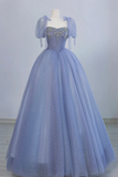 Blue Tulle Beaded Floor Length Prom Dress, A Line Short Sleeve Evening Party Dress HZ0527